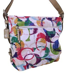 Coach Shoulder Satchel Colorful Monogram Fabric 10x13 Patent Strap Charm Buckles